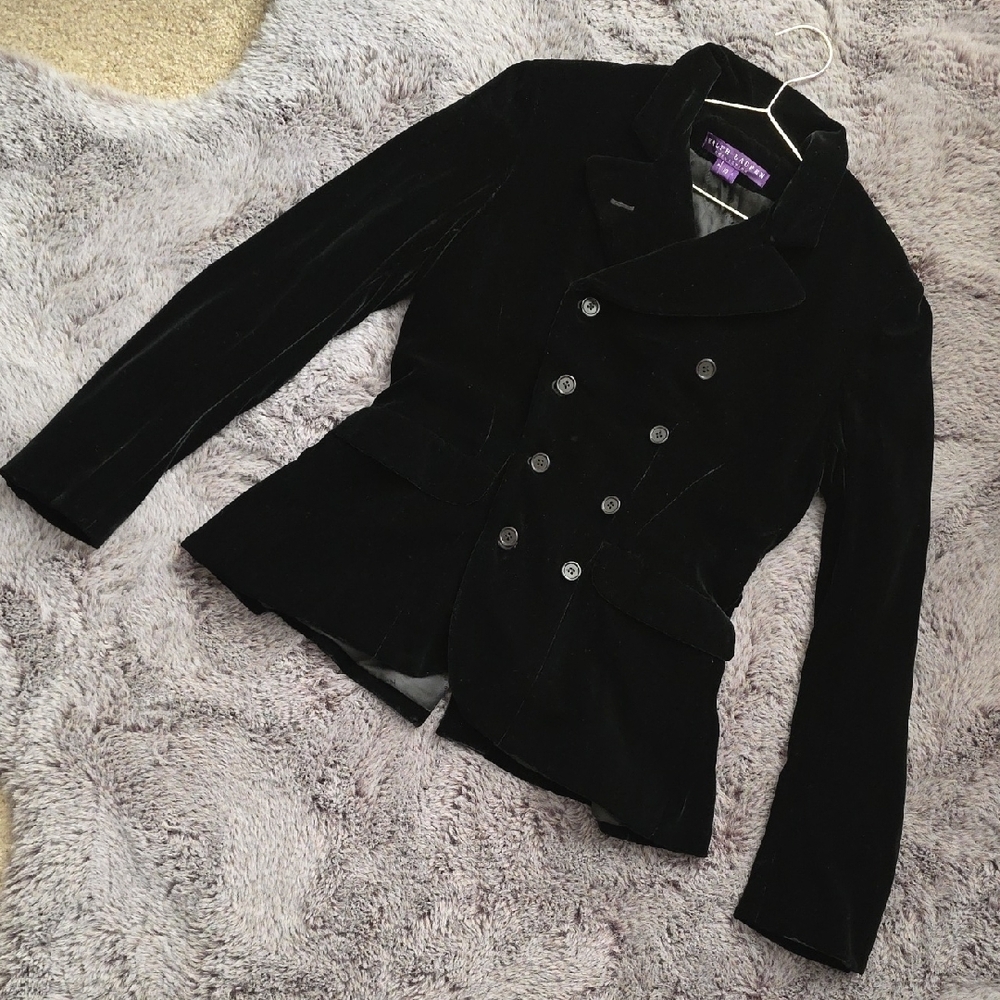 Vintage Ralph Lauren Purple Black Velvet Double Breasted Fitted Blazer Small 10 - Picture 4 of 15